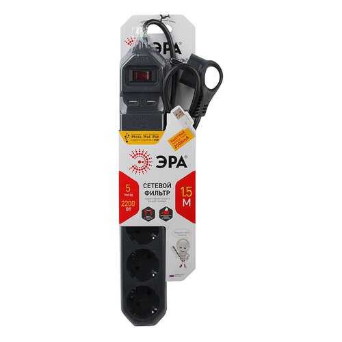 Сетевой фильтр ERA USF-5ES-1,5M-USB-B, 5 розеток, 1,5 м, Black в Телемакс